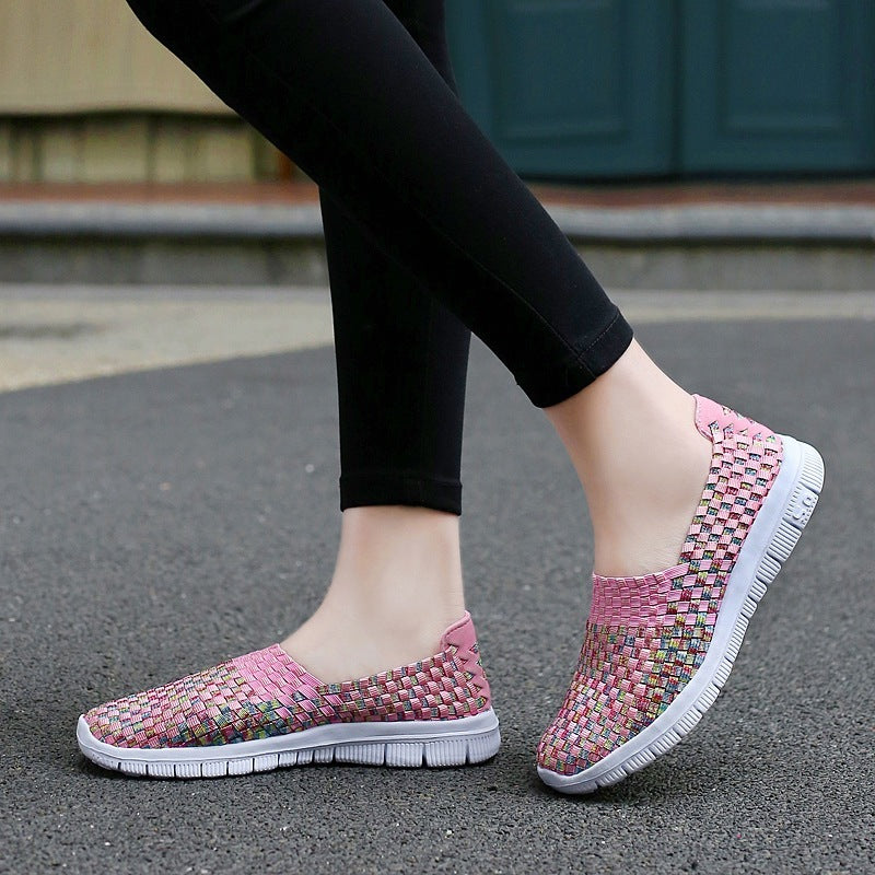 Woven rocking shoes Upper material: mesh surface Sole Material: Rubber Heel shape: wedge heel Inner material: mesh Sole craft: adhesive shoes Insole material: textile Woven rocking shoes Upper material: mesh surface Sole Material: Rubber Heel shape: wedge