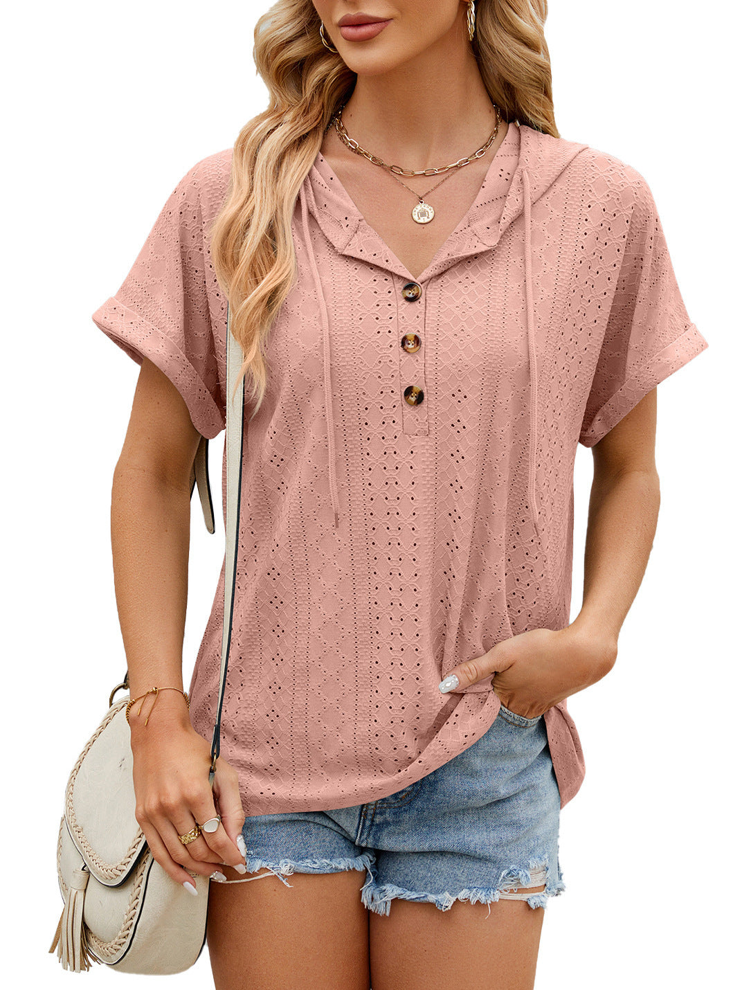 New Solid Color Hooded Button T-shirt Loose Hollow Design Short-sleeved Top For Womens Clothing Product information: Material:Rayon+Polyester+Spandex Style:Fashion Simple Features:Solid color Color:picture color Size Information: Note: 1. Asian sizes are