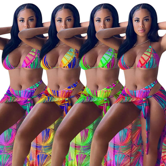 Split Swimsuit Summer Bikini Three-piece Print Beach Suit Swimming Sportswear Product information: Pattern style: floral, quick-drying, gradient, sexy, high elasticity, durable, European and American Whether with steel drag: no steel support and no chest