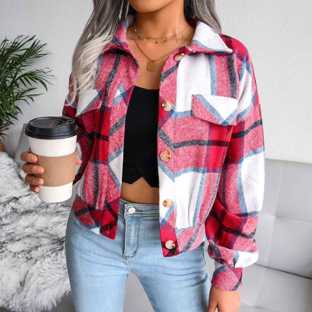 Plaid Lapel Cropped Jacket Fashion Loose Button Long Sleeve Short Outwear Tops Coat For Womens Clothing Product information: Fabric name: woolen fabric Main fabric composition: polyester (polyester fiber) Thickness: Medium Sleeve Type: Lantern Sleeve Colo