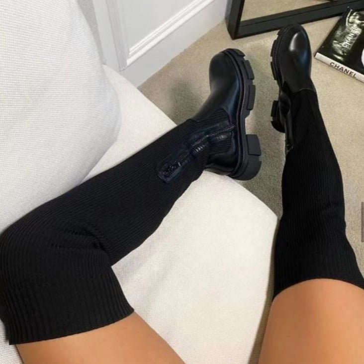 Ultra Knit Boots Step into winter with Ultra Knit Boots! Perfect for wider calves and crafted from ultra-soft fabrics, these Thigh High Stretch Knit Boots provide unmatched warmth and comfort. The thermal cotton lining offers a cozy feel for all-day comfo