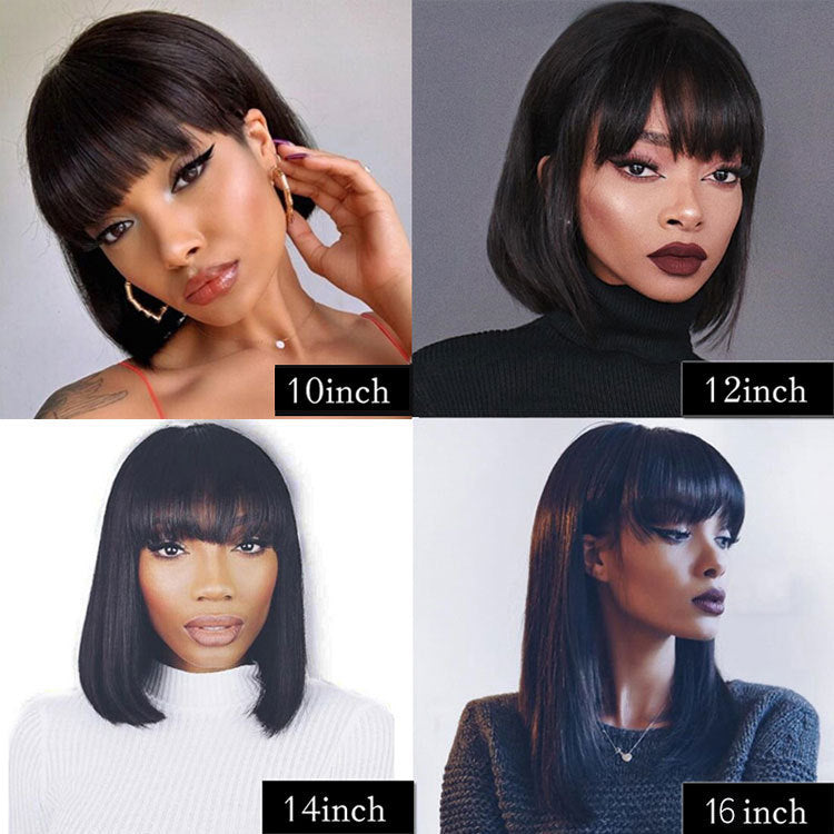 Human Hair Bob Wig Headgear Woven Top Heart Is Natural And Realistic Specification: Material: Human hair Styling: Bob head with bangs Process: Full mechanism, hand-woven top heart mechanism Length: 8 inches, 10 inches, 12 inches, 14 inches Color: Regular
