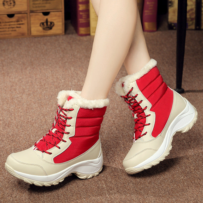 Plus velvet high-top women's shoes waterproof snow boots suitable season: winter Heel height; middle heel (3-5CM Pattern Toe shape; round head Popular elements: car suture Applicable gender; female Upper material; umbrella cloth Style: Korean Sole materia