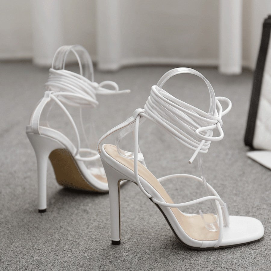 Flip-toe Square Toe Strap Roman Shoes Plus Size High Heel Sandals Product information: Color: white, black Heel height: super high heel (above 8CM) Heel shape: stiletto heels Size: 35, 36, 37, 38, 39, 40, 41, 42 Sole material: rubber Toe bracket shape: sq
