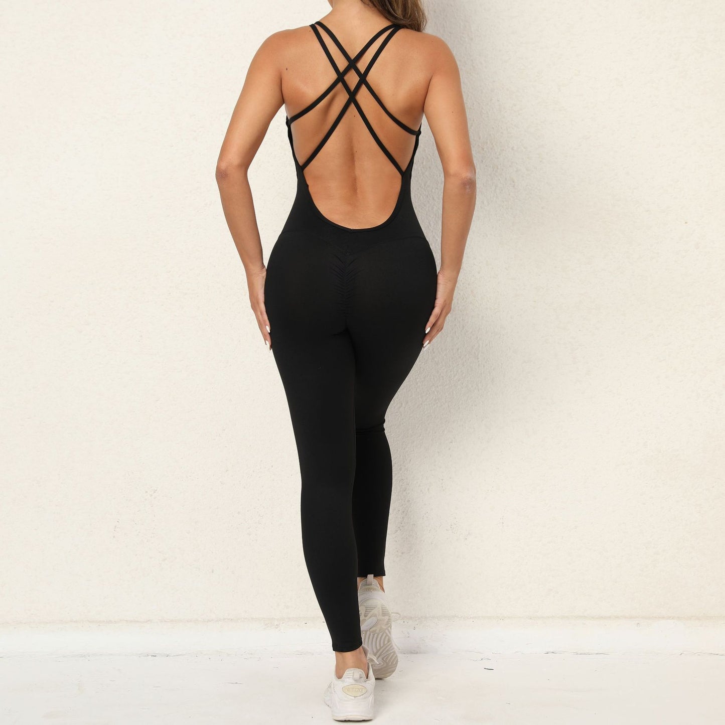 Yoga Jumpsuit With Cross-strap Back Design Quick-drying Tight-fitting Running Sports Fitness Pants Fashion Seamless Leggings For Womens Clothing Product information: Material: Polyester Style:Fashion Simple Features:Solid color Color:picture color Size In