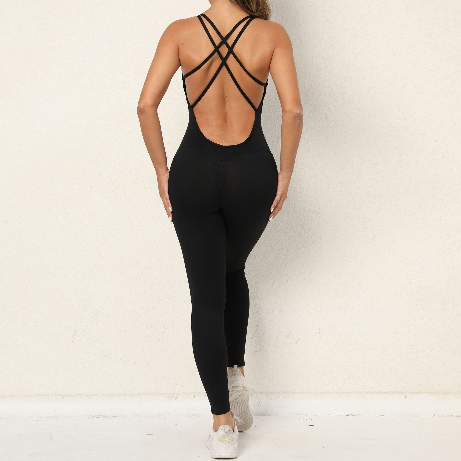 Yoga Jumpsuit With Cross-strap Back Design Quick-drying Tight-fitting Running Sports Fitness Pants Fashion Seamless Leggings For Womens Clothing Product information: Material: Polyester Style:Fashion Simple Features:Solid color Color:picture color Size In