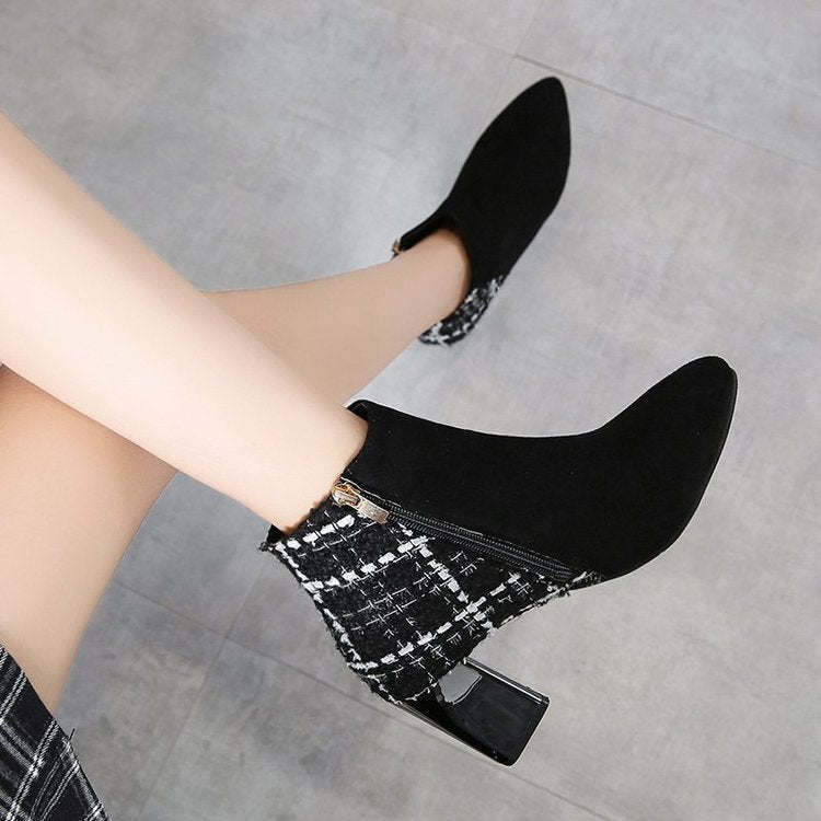 Chunky Heel Ankle High Heels Women's Pointed-toe Boots British Style Short Boots Product information: Color: Black Shoe Upper material: artificial PU Sock length: mid-calf Size: 35,36,37,38,39 Applicable Gender: Female Leather characteristics: PU Popular