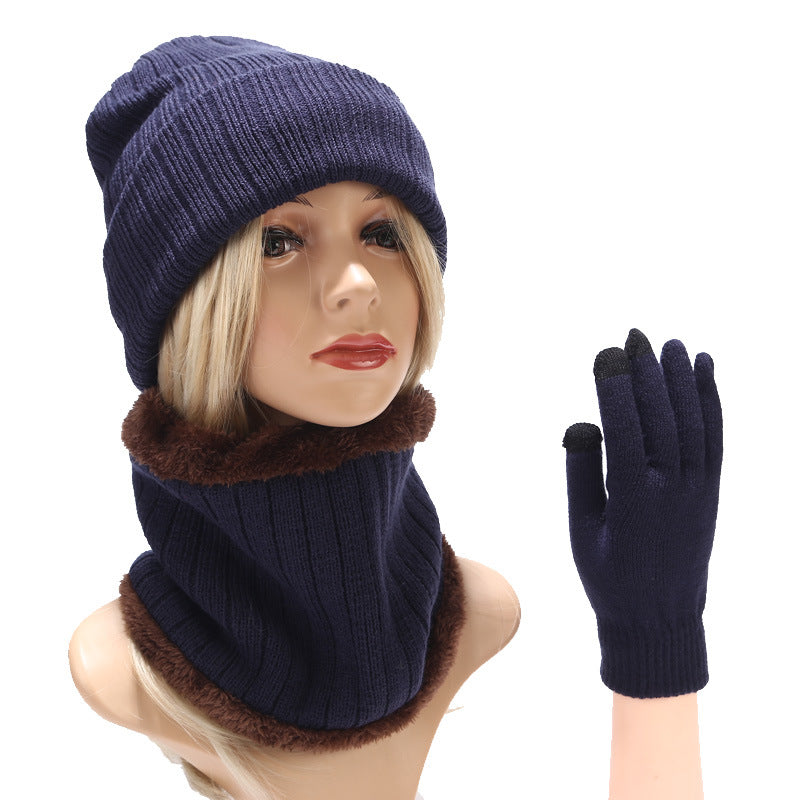 Scarf And Hat Gloves Three-piece Suit Men And Women Couple Winter Woolen Knitted Hat Product information: Pattern: stripes Color: red, black, navy blue Processing Method: Embroidery Applicable gender: neutral/both men and women Inventory Type: whole trans