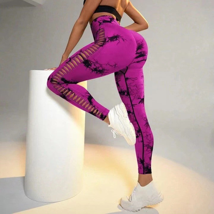 Hollow Tie Dye Printed Yoga Pants High Waist Butt Lift Seamless Sports Gym Fitness Leggings Slim Pants For Women Tight Trousers Overview: Unique design, stylish and beautiful. Good material, comfortable wear. A variety of colors, any choice. Product infor