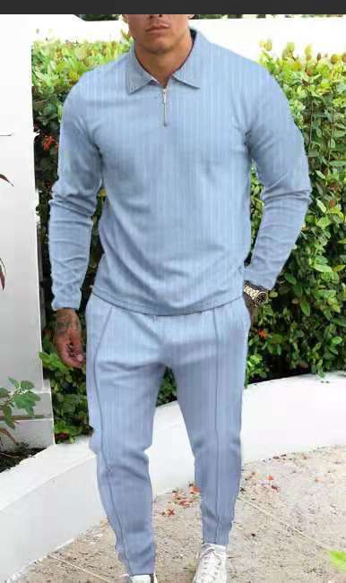 New Slim Trendy Casual Striped Suit Men Product Information: Style: Vintage Thickness: General Length: trousers Top style: T-shirt POLO shirt Top sleeve length: long sleeve Whether hooded: not hooded Fabric name: cotton blended Main fabric composition: po