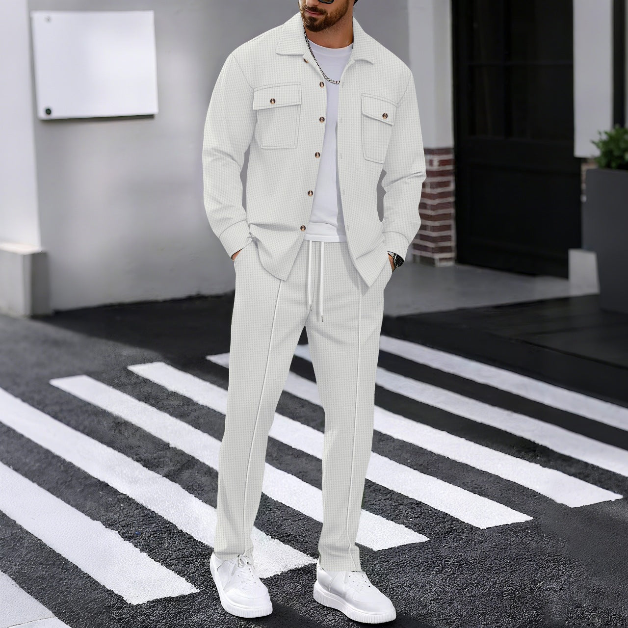 Waffle Long-sleeved Trousers Casual Men's Suit