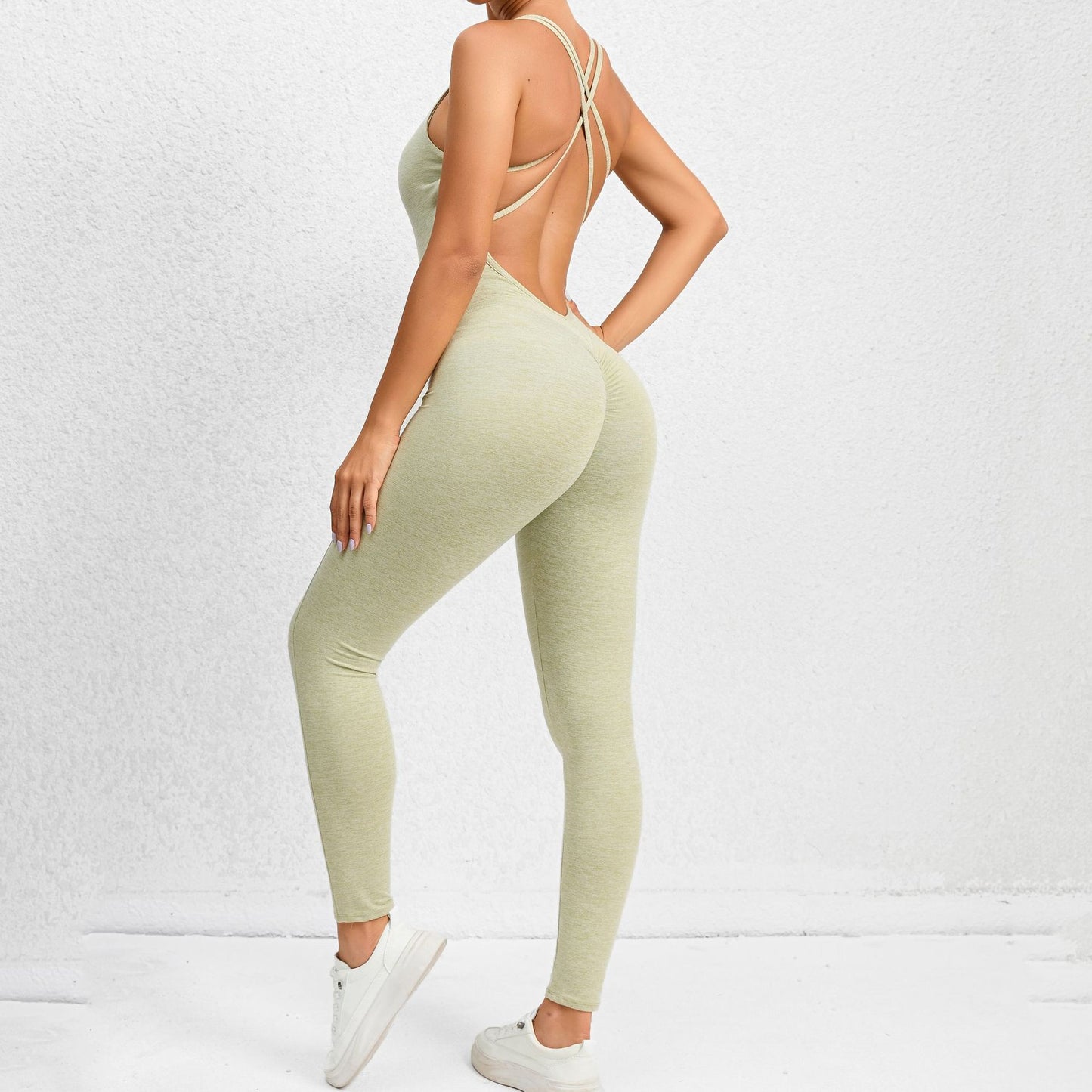 Yoga Jumpsuit With Cross-strap Back Design Quick-drying Tight-fitting Running Sports Fitness Pants Fashion Seamless Leggings For Womens Clothing Product information: Material: Polyester Style:Fashion Simple Features:Solid color Color:picture color Size In