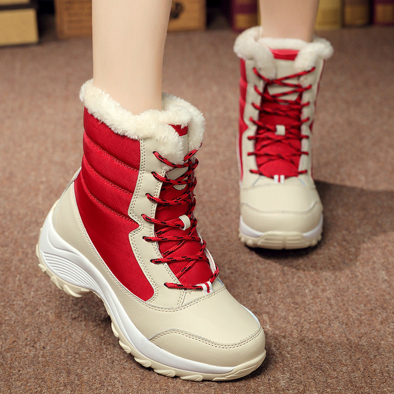 Snow Boots Female High To Help Waterproof Ladies Cotton Shoes Boots Plus Velvet Shoes Function: Keep warm Upper material: synthetic leather Sole material: EVA Upper height: low Toe shape: round head Style: Lady Style: cross strap suitable season: winter p