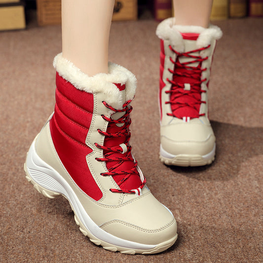 Snow Boots Female High To Help Waterproof Ladies Cotton Shoes Boots Plus Velvet Shoes Function: Keep warm Upper material: synthetic leather Sole material: EVA Upper height: low Toe shape: round head Style: Lady Style: cross strap suitable season: winter p