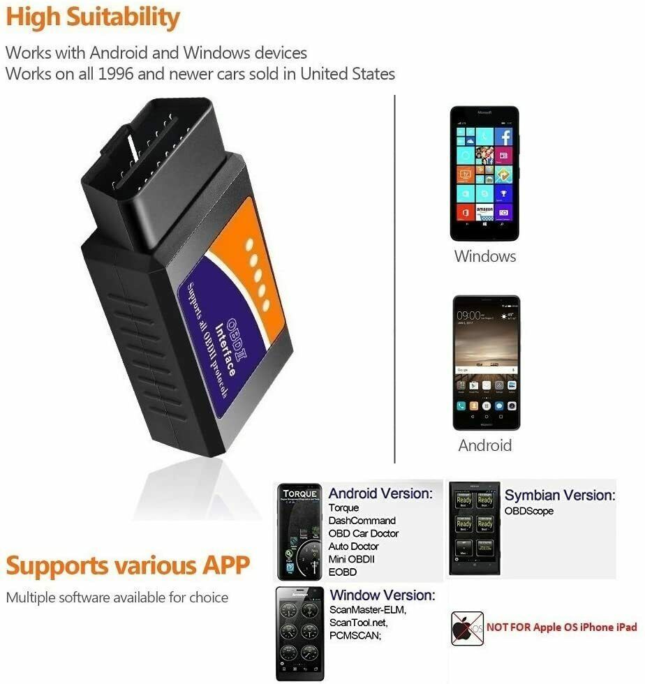 Bluetooth OBD2 OBDII Car Diagnostic Scanner Tool Check Engine Fault Code Reader we ship only inside the US, USPS First Class Package 2 Day Handling , 2-5 Day Shipping. Bluetooth OBD2 OBDII Car Diagnostic Scanner Tool Check Engine Fault Code Reader we ship