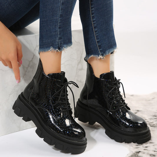 High-rise Glossy Low-top Women's Boots Product information: Color: Black Shoe Upper material: artificial pu Socks length: low tube Size: 35, 36, 37, 38, 39, 40, 41, 42, 43 Applicable Gender: Female Size: Packing list: A pair of boots Product Image: High-r