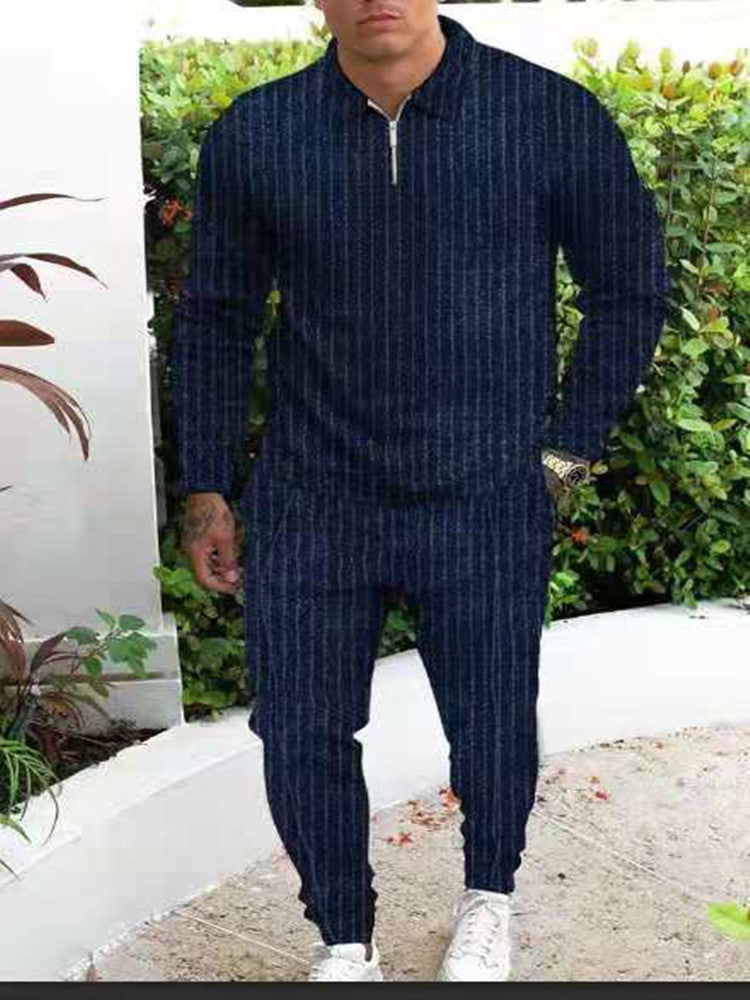 New Slim Trendy Casual Striped Suit Men Product Information: Style: Vintage Thickness: General Length: trousers Top style: T-shirt POLO shirt Top sleeve length: long sleeve Whether hooded: not hooded Fabric name: cotton blended Main fabric composition: po