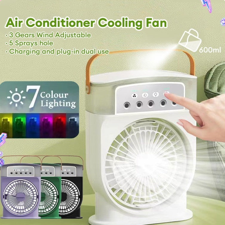 Portable USB Air Conditioner Cooling Fan With 5 Sprays 7 Color Light 600ML Water Tank Spray Mist Air Cooler Humidifiers Overview: 1. Fan And Humidifiers 2. 7 Color Led Lights 3. Leather Handle Design 4. Fan Adjustable Up And Down 5. Removable Water Tank D