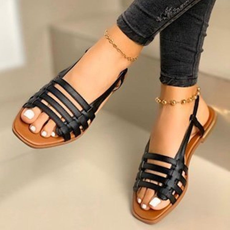 New Casual Woven Sand Roman Shoes Product information: Upper Material: Artificial PU Sole Material: Rubber Style: Europe and America Toe shape: fish mouth Popular elements: sequins Wearing style: buckle Function: breathable, light Sole craft: viscose shoe