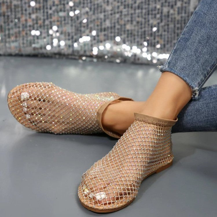 New Hollow Flat Sandals With Rhinestone Design Summer Fashion Round Toe Shoes For Women Overview: Unique design, stylish and beautiful. Good material, comfortable wear. A variety of colors, any choice. Product information: Upper Material: Mesh Sole Materi