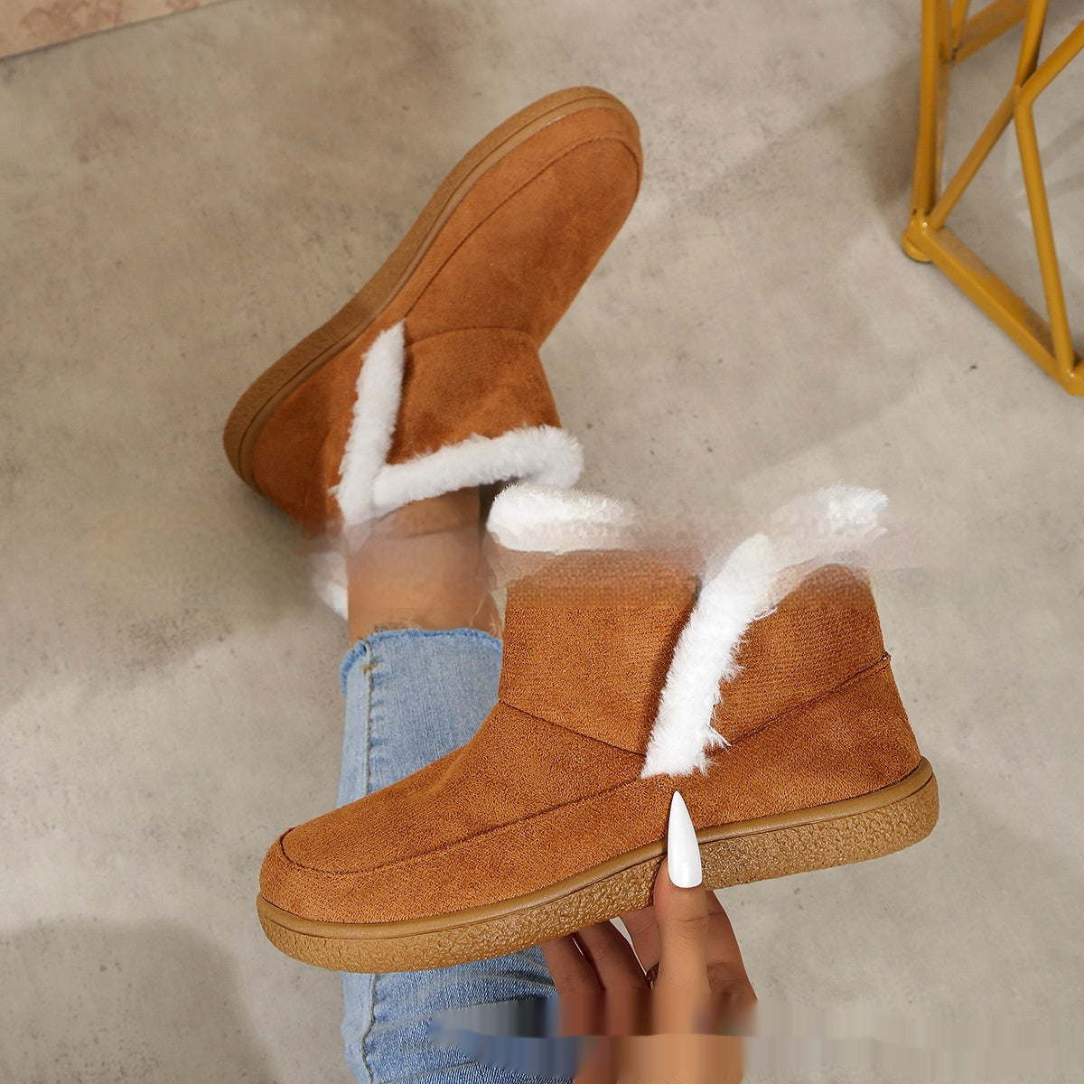 Insulated Cotton-padded Shoes Large Size Flat Bottom Solid Color Fleece Lined Padded Warm Keeping Product information: Color: gray, black, red, navy blue, purple, light brown, Milky White Upper height: Middle top Shoe Upper material: cotton cloth Length o