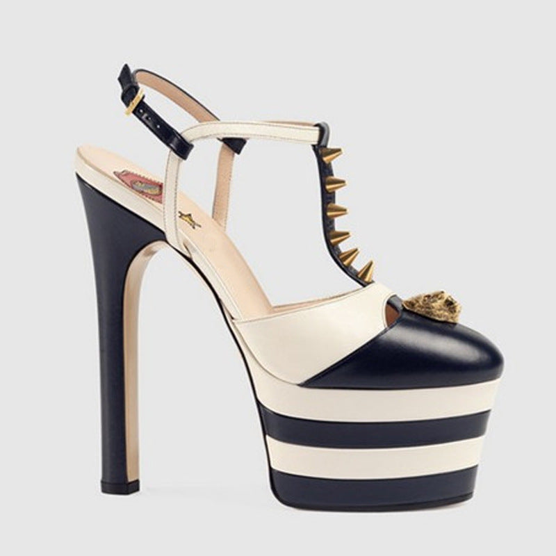 Women's Fashion Simple Fine High Heel Riveted Sandals Product information: Size:33,34,35,36,37,38,39,40,41,42,43 Upper material: microfiber Toe shape: round toe Sole material: composite Lining material: imitation leather Wearing style: buckle Size Informa