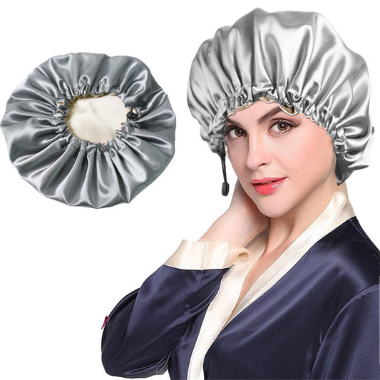 Shower Cap Soft Silk Dual-use Bath Cap Chemotherapy Cap Product information: Whether to import: No Material: Double satin Applicable people: adults Color: black, purple, watermelon red, fund pink, gray, black classic Style: solid color Packing list: Night