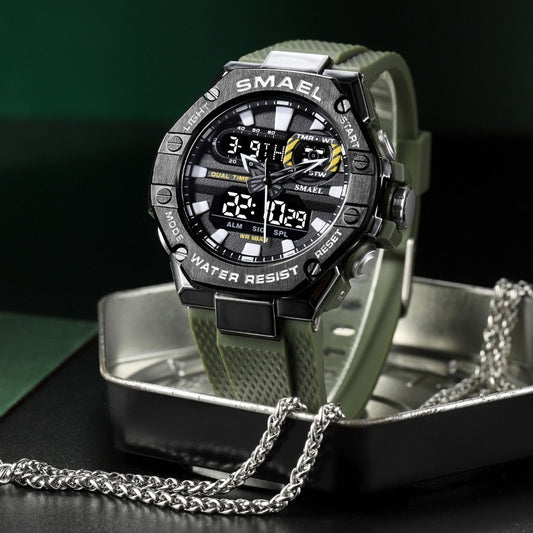 Digital Alloy Electronic Watch Men Product information: Waterproof: 50M waterproof Case Material: Alloy Mirror Material: Acrylic Movement type quartz+electronic Dial diameter: 47mm Wearing range: 140mm -230mm Dial width: 55mm Dial thickness: 24mm Watch st