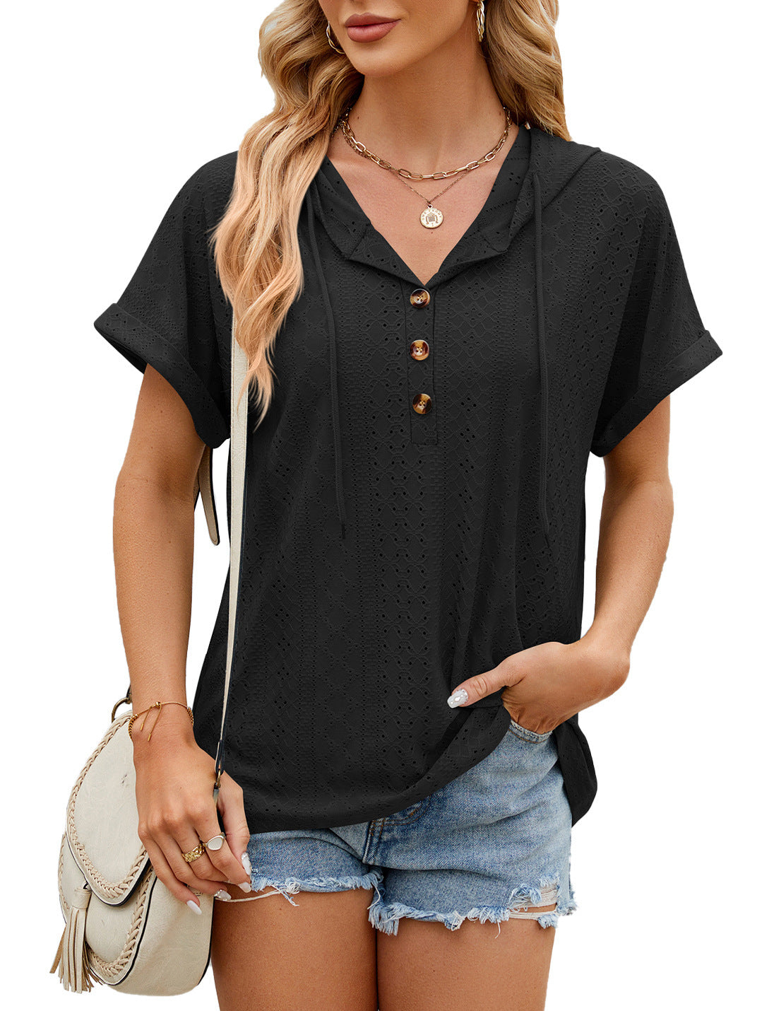 New Solid Color Hooded Button T-shirt Loose Hollow Design Short-sleeved Top For Womens Clothing Product information: Material:Rayon+Polyester+Spandex Style:Fashion Simple Features:Solid color Color:picture color Size Information: Note: 1. Asian sizes are