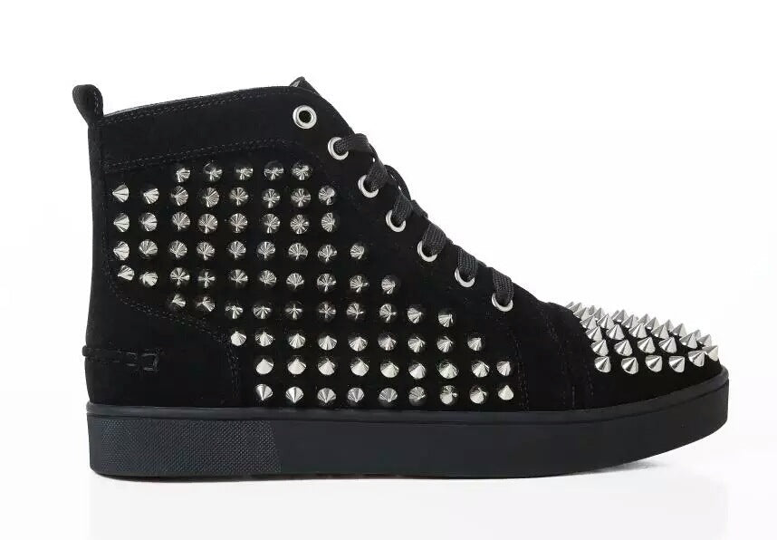 Men's And Women's Thick-soled High-top Rhinestone Rivet Casual Sneakers Product information: Popular elements: metal, rhinestones, sequins, rivets Toe shape: round head Upper material: artificial PU Heel height: low heel (1-3CM) Pattern: solid color Color