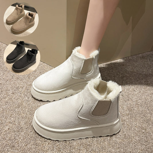 Women's Plush Boots Winter Warm Fleece Thick Flats Snow Boots Fashion Shoes Product information: Pattern: solid color Lining material: Short Plush Color: Milky White, black, khaki Upper height: tall crown Processing Method: sticky leather Heel height: low