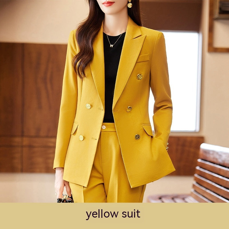 Caramel Suit Women's Fashion Temperament Double Breasted High Sense Slim Fit Suits Product information: Fabric name: Polyester Color: black suit, yellow suit, caramel suit, black suit pants, yellow suit pants, caramel suit pants Sleeve type: regular sleev