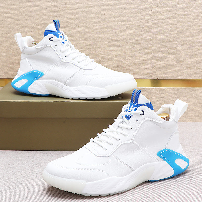Men's White Blue Color Blocking High Top Casual Shoes Overview: Unique design, stylish and beautiful. Good material, comfortable feet. A variety of colors, any choice. Specification: Function: increase Closure method: tie wrap Size: 38 39 40 41 42 43 Patt
