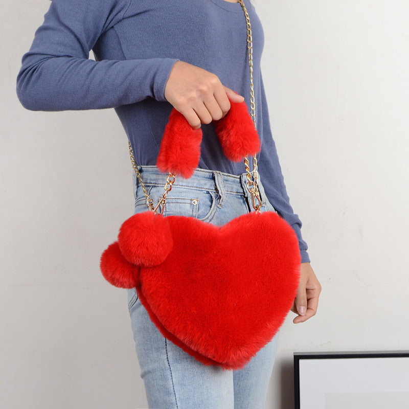 Love Bags Soft Plush Handbags Women Valentine's Day Party Bag Product information: Style: fresh and sweet Material: plush Luggage trend style: fur bag Bag size: medium Lining texture: synthetic leather Bag shape: heart Opening method: zipper Pattern: soli