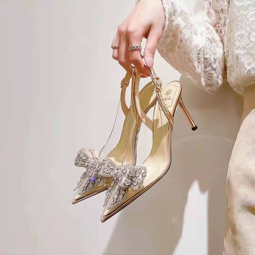 Women's Pointed Toe Rhinestone Bow Stiletto Sandals Product Details: Popular elements: rhinestones Toe shape: pointed Upper Material: Microfiber Applicable gender: female Heel height: high heel (6-8CM) Pattern: plain Color: Champagne 6cm, Champagne 8cm, S