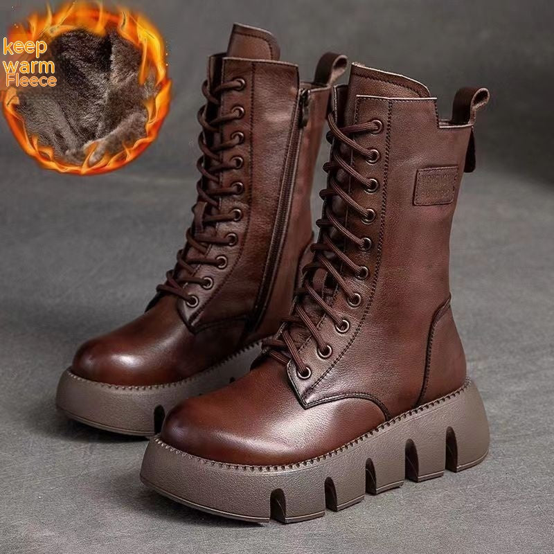 Fleece-lined Thick Cotton Mid-calf Women's Single Boots Product information: Pattern: solid color Lining material: artificial velboa Applicable sports: Universal Color: black, dark brown Upper height: Middle top Heel height: mid heel (3-5CM) Heel shape: E