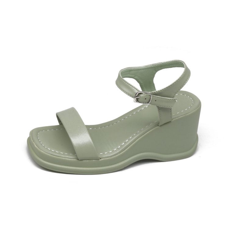 Platform Wedge Sandals Women's Shoes Square Toe Open Toe Product information: Lining material: Microfiber Scaffolding shape: square head Color: black, white, green Upper material: PU Size: 35.36,37.38,39 Wearing method: Button Sole material: Polyurethane