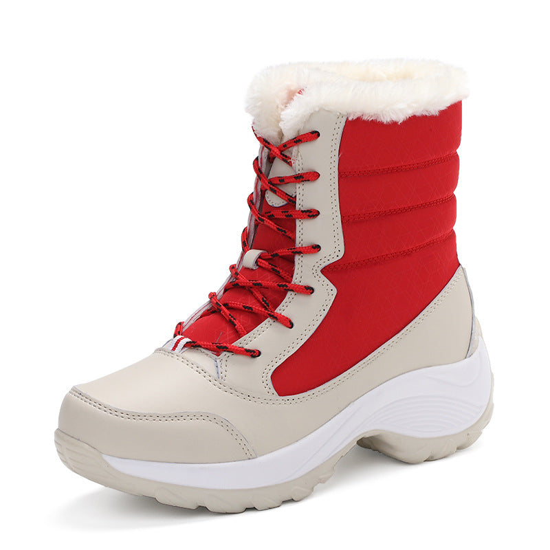 Plus velvet high-top women's shoes waterproof snow boots suitable season: winter Heel height; middle heel (3-5CM Pattern Toe shape; round head Popular elements: car suture Applicable gender; female Upper material; umbrella cloth Style: Korean Sole materia