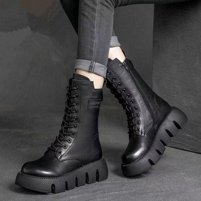 Fleece-lined Thick Cotton Mid-calf Women's Single Boots Product information: Pattern: solid color Lining material: artificial velboa Applicable sports: Universal Color: black, dark brown Upper height: Middle top Heel height: mid heel (3-5CM) Heel shape: E