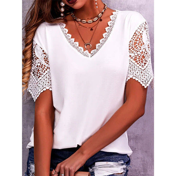 Lace Tops Women Summer Loose V Neck Short Sleeve Casual Shirts Product Information: Fabric name: polyester fiber Main fabric composition: polyester fiber (polyester) Main fabric component 2: cotton Pattern: Solid color Style: Pullover Sleeve length: Short
