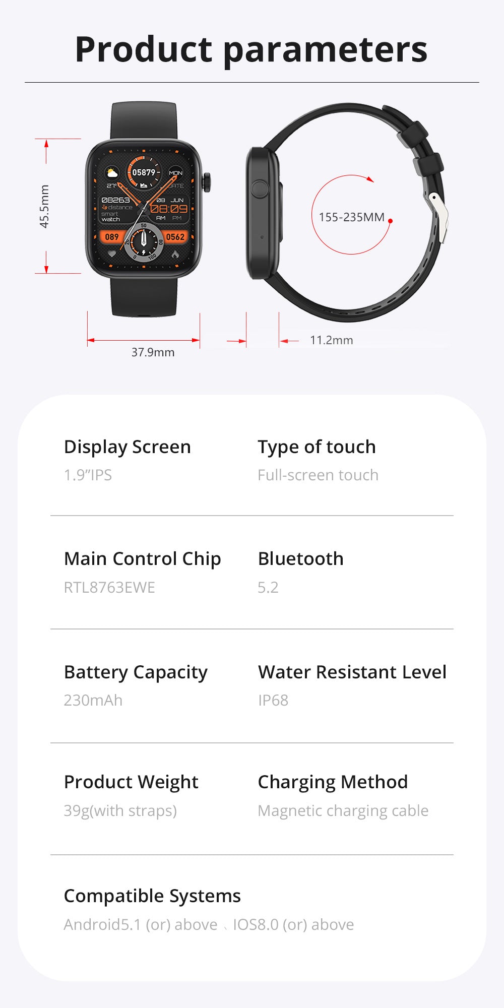 Sports Heart Rate Meter Step IP67 Waterproof Full Screen Smart Watch Product information: Color: black, gold, blue, light purple Battery capacity: 230mAh Operation mode: touch button Screen Type: TFT screen Battery life: 7-14 days Functions: Waterproof, s