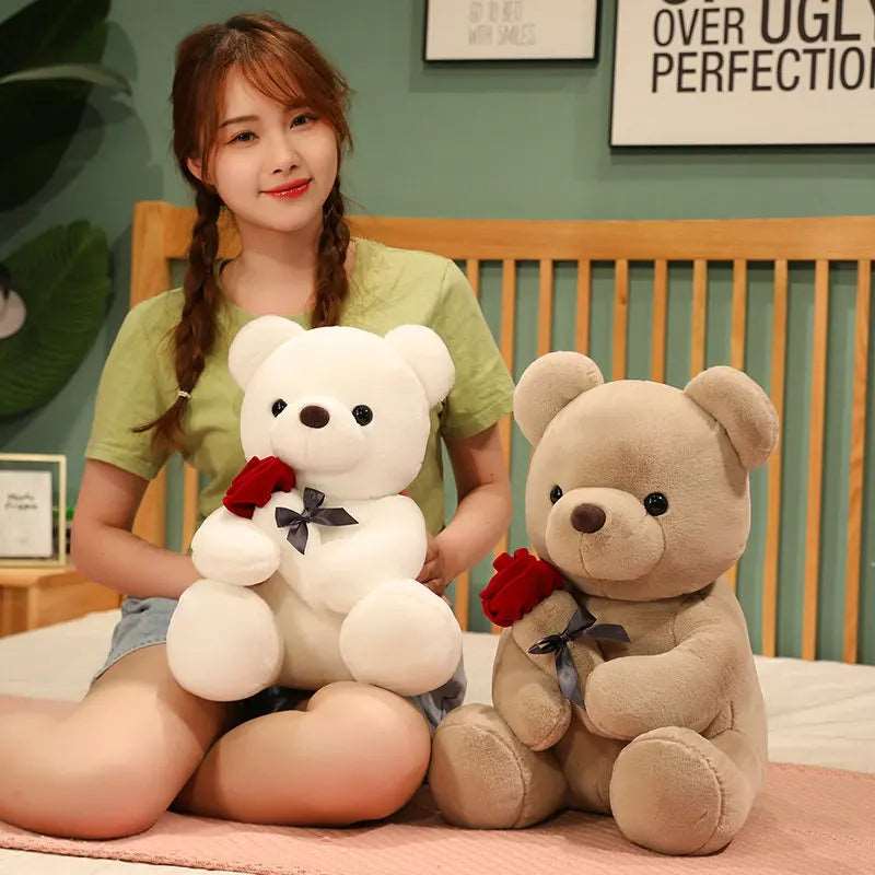 23-45cm New Lovely Hug Roses Teddy Bear Plush Pillow Stuffed Soft Animal Dolls Nice Birthday Gift Girlfriend Valentine's Day Overview: For the sake of rest and to make kids play with it this texture is soft and comfortable to hug, It has a vivid cartoon c
