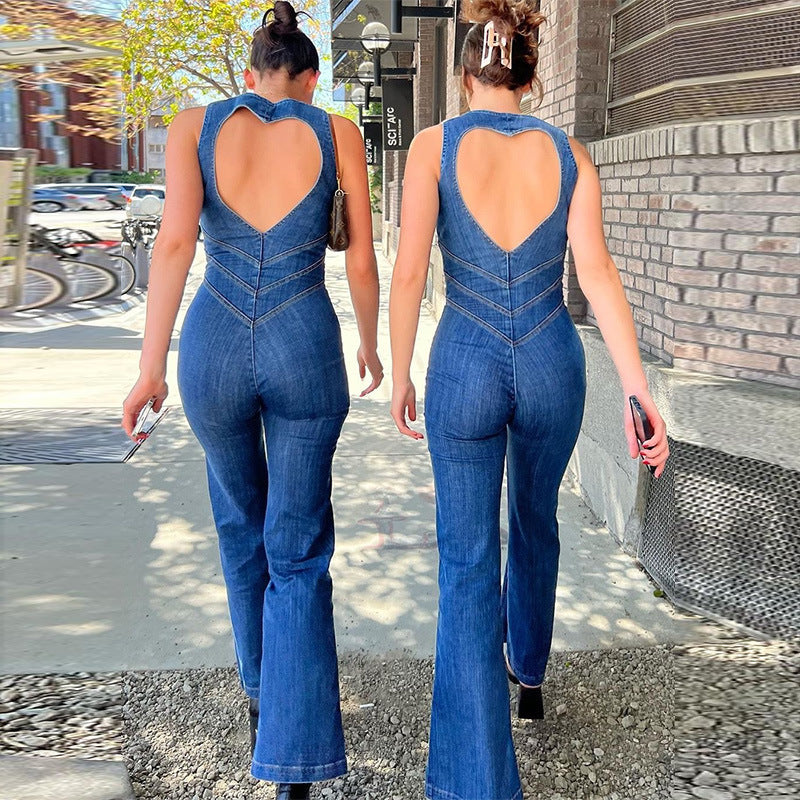 Summer Slim Heart-shape Backless Denim Jumpsuit Women Halter Neck Zip Up High Waist Panst Retro Style Clothing Overview: Unique design, stylish and beautiful. Good material, comfortable wear. A variety of colors, any choice. Product information: Size: S,M