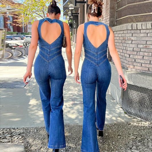 Summer Slim Heart-shape Backless Denim Jumpsuit Women Halter Neck Zip Up High Waist Panst Retro Style Clothing Overview: Unique design, stylish and beautiful. Good material, comfortable wear. A variety of colors, any choice. Product information: Size: S,M