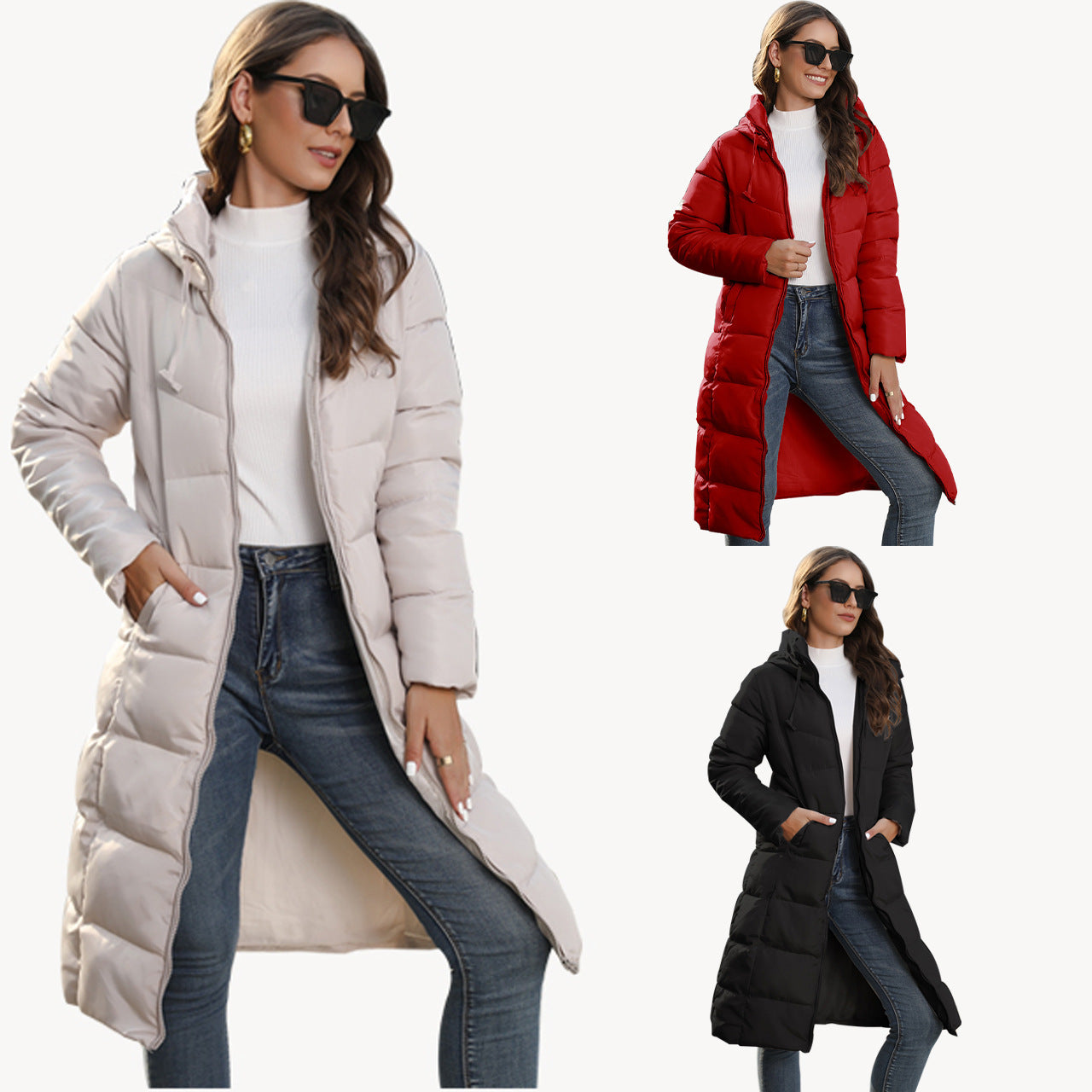 Hooded Women's Cotton Padded Clothing Women's Mid-length Slim Fit Product information: Pattern: solid color Color: black, red, khaki Size: S,M,L,XL,XXL,3XL,4XL Style: slim fit Style type: Japanese and Korean casual Popular elements: Pocket Removable or no