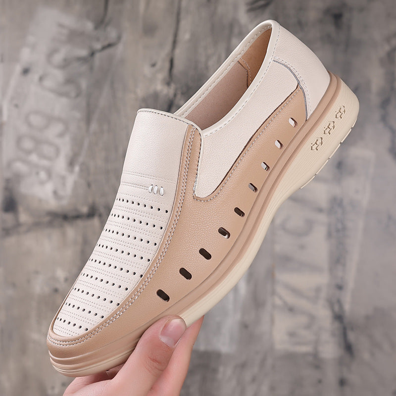 Men's Leather Shoes Casual Leather Shoes Hollow Soft Bottom Soft Leather Non-slip Middle-aged People's Shoes Product information: Lining material: pigskin Color: white【 hollow hole], white【 Four Seasons]] Size: 38,39,40,41,42,43,44 Sole material: rubber S
