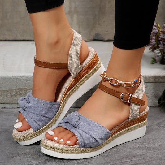 New Thick-soled Bow Sandals Summer Fashion Casual Linen Buckle Wedges Shoes For Women Product information: Upper Material: Fabric Toe Shape:Fish Mouth Sole Material: Rubber Lining Material: Microfiber Wearing Style:Buckle Size Information: Packing list: S