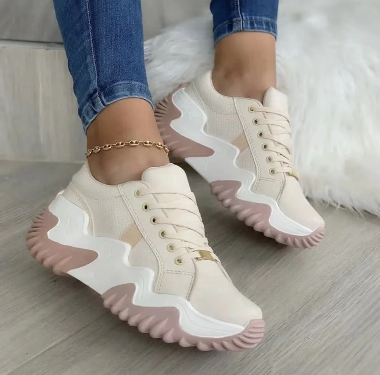 Women Shoes Lace-up Sports Sneakers Overview: Unique design, stylish and beautiful. Good material, comfortable feet. A variety of colors, any choice. Specification: Popular elements: sponge cake heel Toe shape: round toe Upper material: artificial leather
