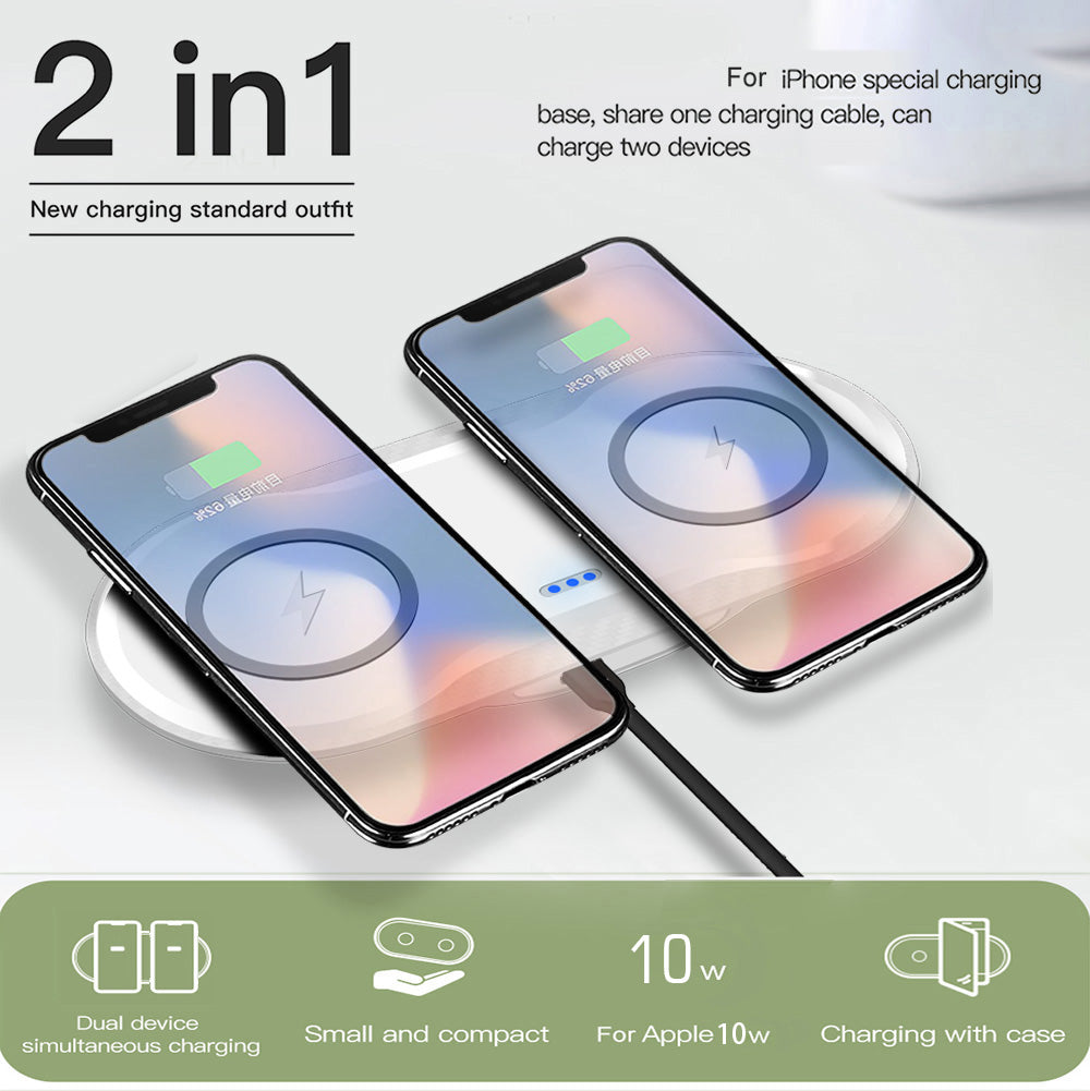 Wireless Charger Dual Mobile Phone Charger Overview: • Stable charging: Continuously stable, uninterrupted, and will not damage the phone; •Intelligent temperature control high-quality chip intelligently controls the working current and voltage to achieve