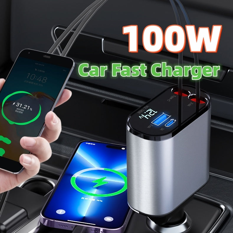Metal Car Charger 100W Super Fast Charging Car Cigarette Lighter USB And TYPE-C Adapter Overview: 1. Charging speed increased by 300% when getting in the car, charging when getting off the car, fully charged, super fast charging. 2. Easy to retract and re